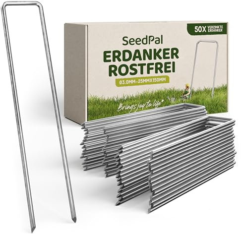 SeedPal Erdanker/Heringe Anti ROST - 50 Stück - rostfreie & verzinkte Bodenanker für Befestigung - 150mm*30mm*Ø3mm - Erdnägel/Bodenhaken aus Stahl - Bodenverankerung/Bodenbefestigung