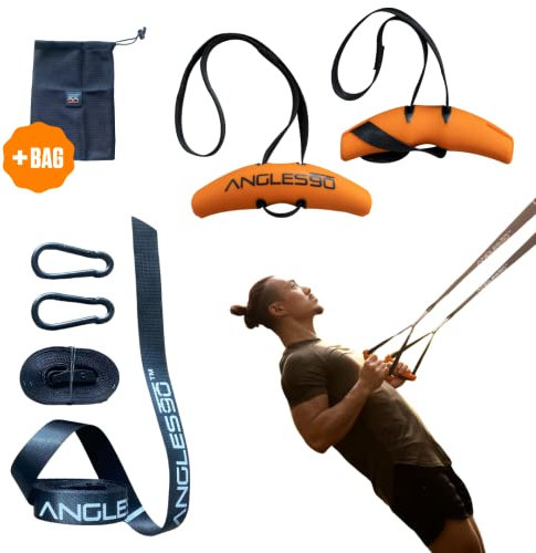 A90 Sling Trainer - Kleinster all-in-one Schlingentrainer mit Spezialfunktionen - Für das Home Gym, Training im Freien oder auf Reisen - Mit Angles90 Grips - Zughilfen Krafttraining - Turn Zubehör