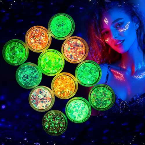 AOOWU Chunky Glitter, 12 Colors Luminous Festival Glitter with Gel, Nail Glitter Powder, Holographic Cosmetic Glitter for Face Body Eye Hair Nail and DIY Art (C)