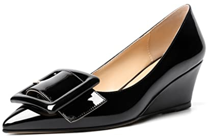Zamikoo Women Wedge Heel Pumps Low Heel Slip On Pumps 2 Inch Closed Pointy Toe Dress Shoes with Buckle for Work Casual Daily Life Party Dress, Black, 5 UK