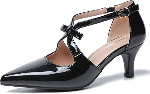 fereshte Women's Kitten Heels T Strap 2 Inch Low Heel Bow Pointed Toe D'Orsay Dressy Pumps Shoes, Patent Black, 4.5 UK