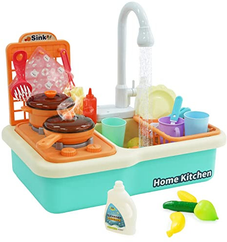 Pretend Wash-up Kitchen Sink Play Set Includes Cutting Toys,Kitchenware, Dishwasher with Running Water Cycle System, Pretend Role Play Kitchen Toys for Boys Girls