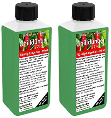 GREEN24 2 x 250ml - Chilidünger Paprikadünger Spezial Capsicum, zum düngen von Chili (Chilli) Peperoni Paprika und auch Tomaten, Flüssig - Dünger der Profi Linie