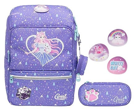 GMT for Kids Schulranzen Set 4-teilig Ergonomische Ultraleichte Schultasche Mädchen Junge Kinder Schulrucksack Prinzessin Kitty Grundschule Schultaschen 1-4. Klasse Rucksack 22 L