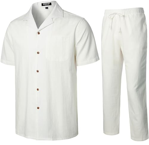 JEMITOP Men's 2 Piece Outfits Summer Relaxed Fit Walking Suit Casual Cuban Guayabera Shirt and Pants Set Beach Vacation White M