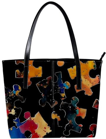 FNETJXF Tote Bags, Faux Leather Large Tote Bags for Women, Women's Tote Handbags, Modern Cartoon Pattern Colored Jigsaw Puzzle, Tote Bags for Women