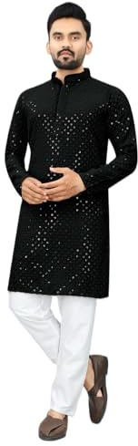 Estationeryhouse Straight fit Men's Kurta Pajama in Cotton (Rayon) Heavy Embroidery work Front and Back (Comes with white pajama) (Black, M)