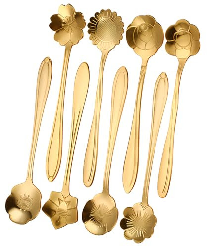 JYJLLM Brand Coffee Dessert Spoons - Rose Shaped Teaspoons Set of 8 - Stainless Steel (Golden)