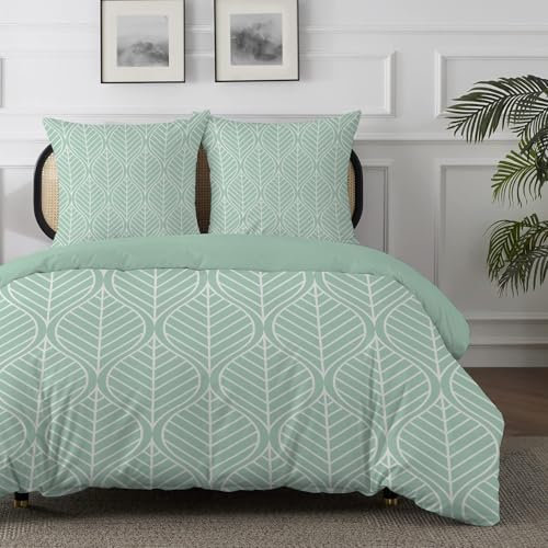 Qiwagu Bettwäsche 135x200 Grün Weiß Blätter Muster, Salbeigrün Pflanzen Dschungel Bettwäsche-Sets aus Weich Bügelfrei Mikrofaser, Bettbezug 135 x 200 und 2 Kissenbezüge 80x80 cm, für Einzelbett