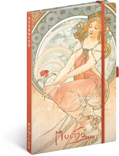 NOTIQUE Anteckningsbok linjerad med gummiband 13 x 21 cm ca. A5, designer hård anteckningsbok med tryck, anteckningsblock, anteckningsbok, dagbok för vuxna, kvinnor (alphonse Mucha målning)
