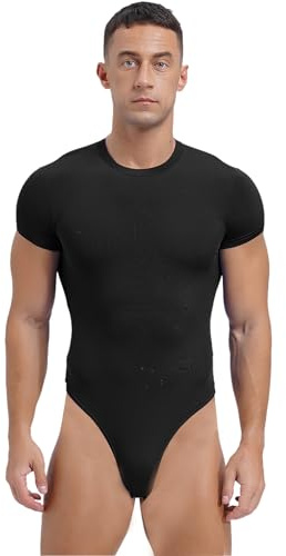 FEESHOW Mens Short Sleeve Mankini Bodysuit High Cut Thongs Leotard Tops Workout Rompers Undershirts Black L