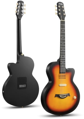 Moukey BCC-100 Guitarra electroacústica de 39 pulgadas con cutaway, pastilla pasiva, funda, correa, púas, afinador y cejilla, modo acústico y eléctrico, color Sunburst