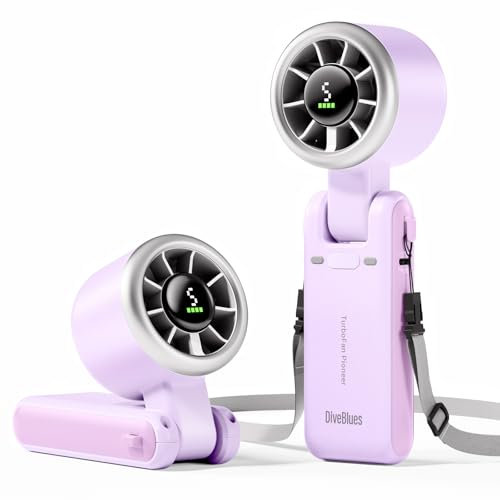 Diveblues Ventilateur Portable à Main, Ultra Rapide 10m/s, 5 Vitesses, Batterie Rechargeable, Jusqu'à 12h, 3-en-1 Ventilateur de Poche avec Technologie Turbo pour Extérieur, Voyage, Travail