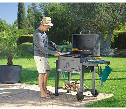 Barbecue au Charbon de Bois, taille XXL, Évent Réglable, Chariot de cuisson au charbon de bois, avec bac à charbon réglable en hauteur, couvercle, BBQ-107 * 115 * 68cm