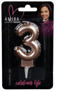 DECOCINO meets AMIRA - Zahlenkerze Rosegold No. 3 - elegante Party Deko für Geburtstage, Partys oder ein Jubiläum, ideal für Kuchen, Torten oder Muffins, 7cm hoch