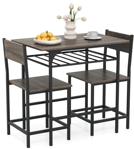 GiantexUK 3PCS Dining Table Set, Wooden Dining Table and Chairs with Storage Rack & Convenient Footrests, Space Saving Kitchen Furniture Set for Living Room Restaurant Bistro (Grey)