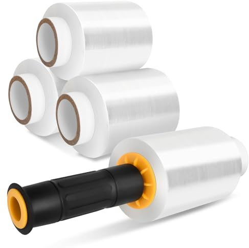 Suimlmta 4 rotoli di mini pellicola termoretraibile per pallet, 150 m x 100 mm x 20 μm, con manico, in plastica trasparente, per industrie, traslochi, imballaggio, avvolgimento di mobili, stoccaggio