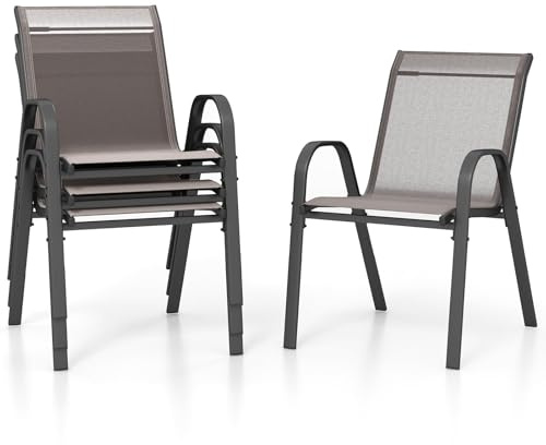 GOPLUS Set med 4 trädgårdsstolar, stapelbar, biststol, balkongstol av textil upp till 150 kg, stapelstol med ryggstöd och armstöd, matstol utomhus för trädgård, terrasser, balkong, pool, grå