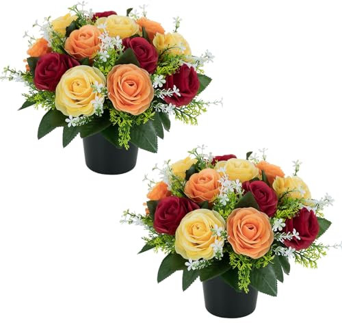 BLOSMON Flores artificiales para macetas de tumbas: 2 rosas rojas, amarillas, naranjas, de otoño, para tumbas, adornos de cementerio de seda, decoraciones al aire libre, arreglos funerarios falsos