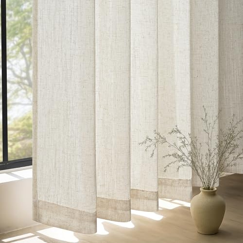 Topfinel Linnegardiner 225 cm långa sovrum, moderna gardiner, vardagsrum, halvtransparent gardin med veckband, beige, naturlig, 225 x 140 cm, gardin för skensystem, set om 2