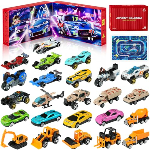 Calendrier de l'Avent voiture 2025 - Voitures jouets en alliage d'aluminium pour enfants garçons et filles - 24 voitures différentes avec tapis de jeu