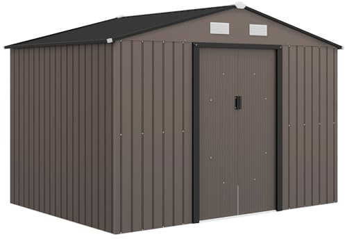 Outsunny Casetta da Giardino 5m² in Acciaio Zincato con kit Fondazione, Prese d'Aria, Capanno da Giardino con Tetto Inclinato, Doppia Porta Scorrevole Bloccabile, Capanno Porta Attrezzi, Marrone