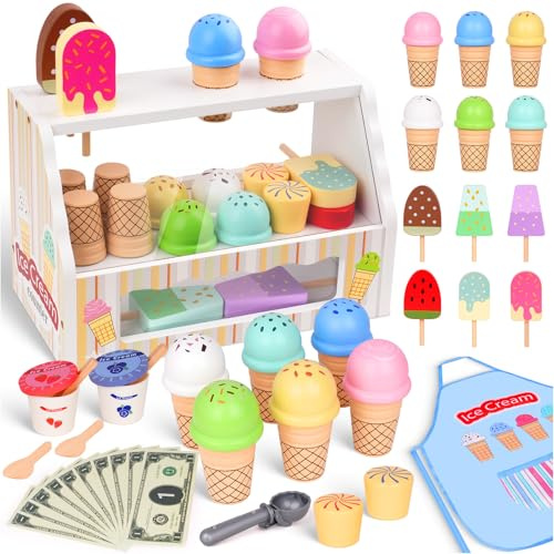 JOYSINTOY Gelateria Giocattoli in Legno per Bambini - Giochi Bambini 3 Anni, Accessori da Cucina da Gioco in Legno Montessori Gioco di Ruolo Regali di per Ragazze e Ragazzi 3 4 5 6 Anni