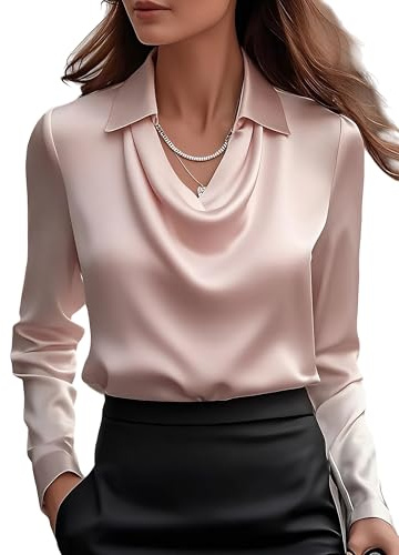 Blusas de satén de seda para mujer, camisetas de manga larga para mujer, camisetas de color sólido para mujer, blusas elegantes para oficina y trabajo, túnicas para mujer, rosa, XS