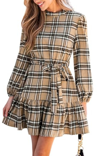 CUPSHE Vestido Mini para Mujer de Cuello Alto a Cuadros de Manga Larga con Cinturón y Dobladillo con Volantes Vestidos Cortos, Caqui, Large