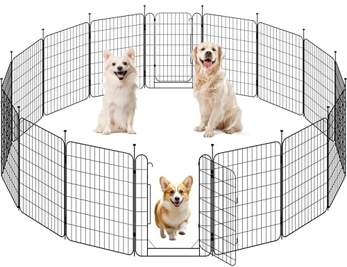 Yaheetech 16 Panneaux Parc pour Chien 60 x 80cm Enclos Chiens Interieur Cage pour Chiens Grille Pliant à Chiots Lapins Clôture Chenil pour Chien en Métal Extérieur avec piquets à Sommet Ovale et Plat