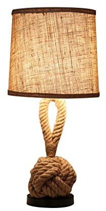 Lámpara de mesa náutica, base industrial de hierro y cuerda, pantalla de tela de tambor vintage, decoración costera rústica para dormitorio y sala de estar