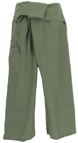 GURU-SHOP, Pantalones de Pesca de Algodón, Pantalones Wrap Pantalones de Yoga de Nepal, Olivo, Tamaño:One Size, Pantalón de Pescador Talla Larga