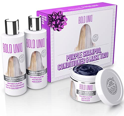 Purple Shampoo, Conditioner & Mask Trio Gift Set. Removes Brassy Yellow Tones. Lightens Blonde, Platinum, Ash, Silver & Grays. Paraben & Sulfate Free. PETA Approved Cruelty-free and 100% Vegan.