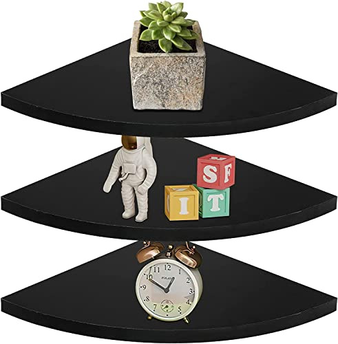 Suwimut Set of 3 Corner Shelf Wall Mount, 25cm/9.8 inch Black Floating Corner Shelf Organizer, Rustic Wood Wall Storage Display Shelves for Bathroom Kitchen Living Room Bedroom