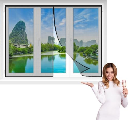 Insect Screen 150x200cm Black Mosquito net can be Individually Cut to Size for All Windows up to Easy Installation with 12 Magnets with Installation Accessories and Instructions