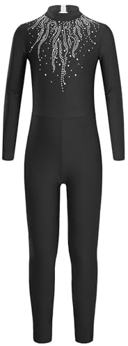 CHICTRY Tuta da Ginnastica a Maniche Lunghe per Bambina e Ragazze Body da Pattinaggio Artistico Strass Leotards da Danza Balletto Pagliaccetto Jumpsuit One Piece Nero 11-12 anni