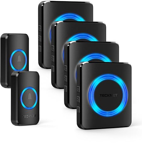 TECKNET Funkklingel, IP65 Funk klingel Set Aussen Wasserdicht, Kabellose Türklingel 600m Reichweite, Haustür Klingel 2 Sender 4 Plug-In-Empfänger, 60 Melodien Doorbell und Klingelknopf Mit LED-Blitz