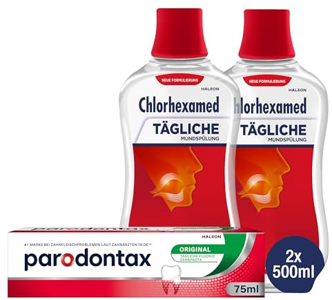 Parodontax tägliche Original Zahnpasta, 1x75ml + Chlorhexamed Tägliche Mundspülung, Effektive Plaquereduktion, 2x500 ml