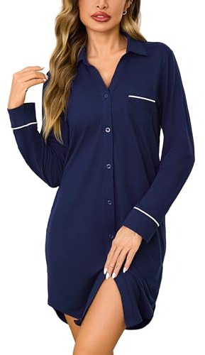 Bresdk Nattlinne Dam Öppen Front Vinter Bomull Långärmad Pyjamas Med Knappar Loungewear Förlossning Sjukhus Moderskap Amning, Mörkblå, XXL