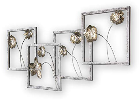 House of Arts | Metallbild 'Fiori in quadrati' | Moderne Wanddekoration mit Blumen | Wandbild 3D Wandrelief | Moderne Wanddeko handgefertigt aus Metall | 100 x 47 cm | Silber Gold