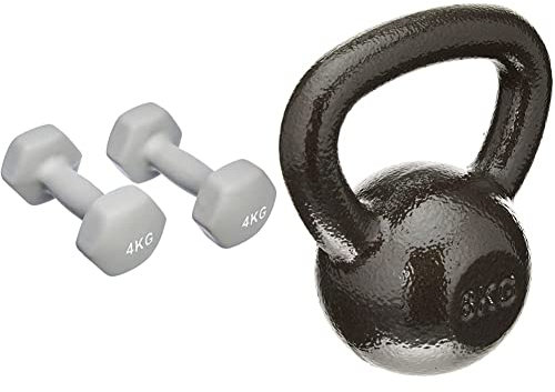 Amazon Basics cast-iron kettlebell 10kg & Neoprene Dumbbell Pair, 2 x 4Kg, Grey