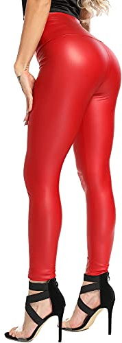 RIOJOY Leggings de Piel de Imitación para Mujer PU Cuero Cintura Alta Push Up Skinny Elásticos Pantalones, Rojo M