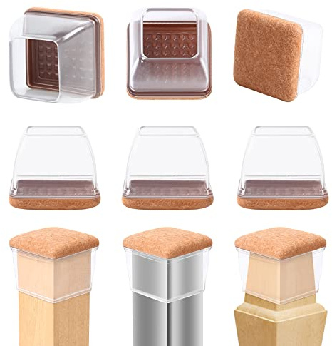 RCHYFEED 1.4-1.8'' Chair Leg Caps Floor Protectors with Felt Sliders, 24PCS Clear Furniture Leg Caps Cups Gliders for Protecting Hardwood Floors from Scratches, Furniture Table Leg Covers Square