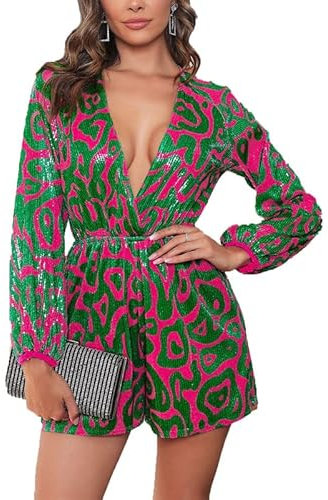 babao Damen Pailletten Einteiler Jumpsuits Schwarz Bodycon Pailletten Glänzend Strampler Playsuit für Club Party