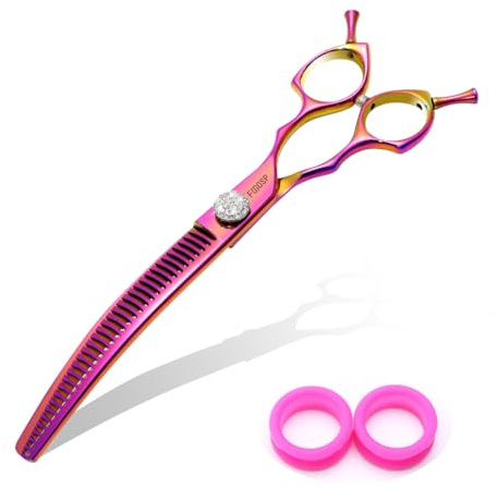 FOGOSP Professional Curved Chunkers Shears Dog Grooming 7.5'' Rainbow Curved Thinning Scissors for Large Dogs, 35 Teeth, Japan 440C Stainless Steel, Purple