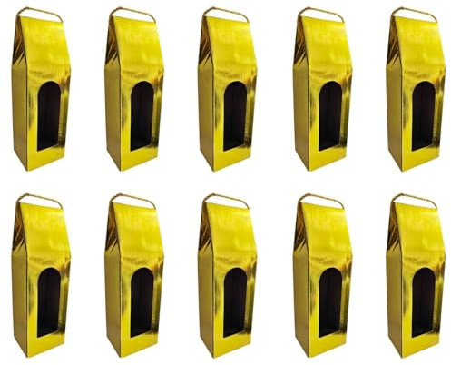 Tradineur - Pack de 10 Cajas Plegables de cartón con Ventana para Botella de Vino, Incluyen asa de Cuerda, Guardar, Regalar, Envolver champán, Navidad (Dorado Brillo - 36 x 12,5 x 8,5 cm)