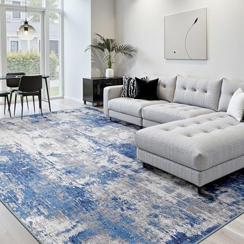 RELEANY Washable Area Rugs 8'x10' Non-Slip Modern Abstract Soft for Living Room Entryway Bedroom Nursery, Print Pattern, Blue Grey Navy Gray