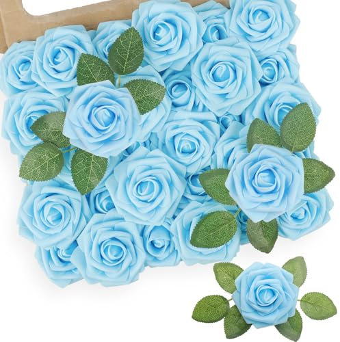 N&T NIETING künstliche Rosen Blumen, 25 Stück Fake Schaumstoff Rosen mit Stämmen DIY für Hochzeit Brautsträuße, Party, Valentinstag, Muttertag, Baby Dusche, Home Dekoration (Babyblau)