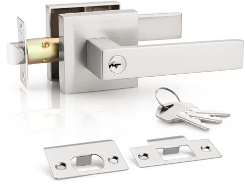 KNOBWELL 1 Pack Door Handles with Lock and Key, Brushed Nickel Exterior Door Handlesets for Front Door/Gate/Garage(Different Keys)