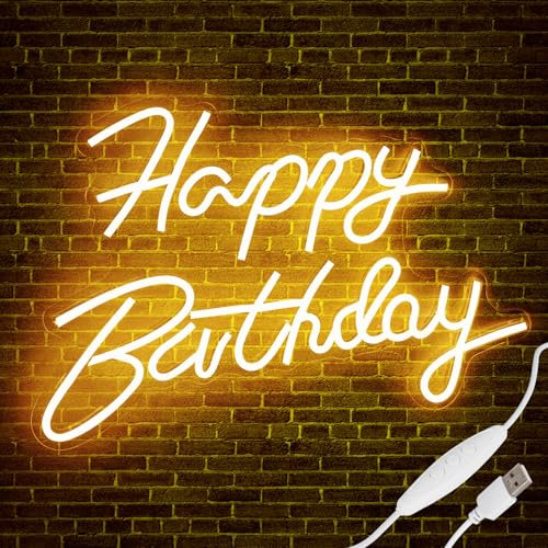Gresonic Happy Birthday Neon schild, Warmweiße LED Neonlicht, USB-betriebene Party-Leuchtreklame, Deko Leuchtschild für Geburtstag, Bar, Zimmer, Club, Wandlichter Dekoration (H-D)